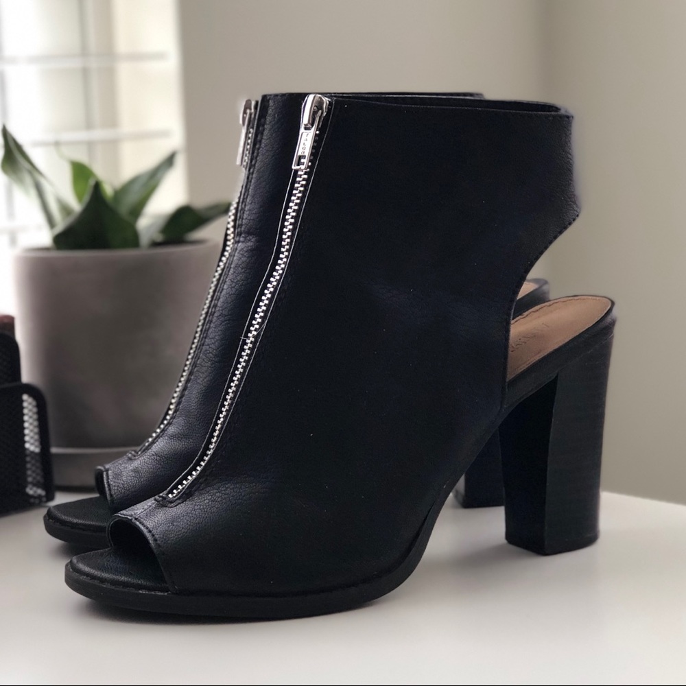 Black Zipper Front Open Toe Heel Bootie